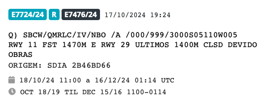 NOTAM emitido para o aeroporto de Porto Alegre diminuindo a distância disponível da pista